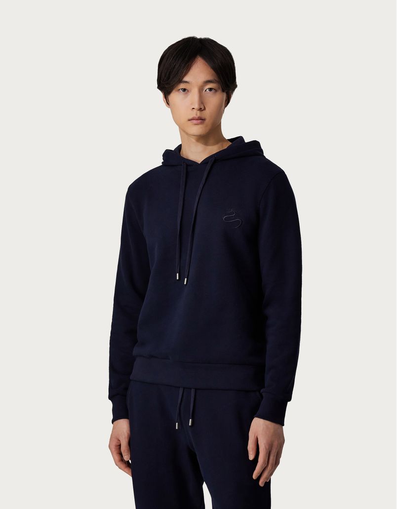 Brushed cotton fleece hoodie with dark navy-coloured dragon embroidery