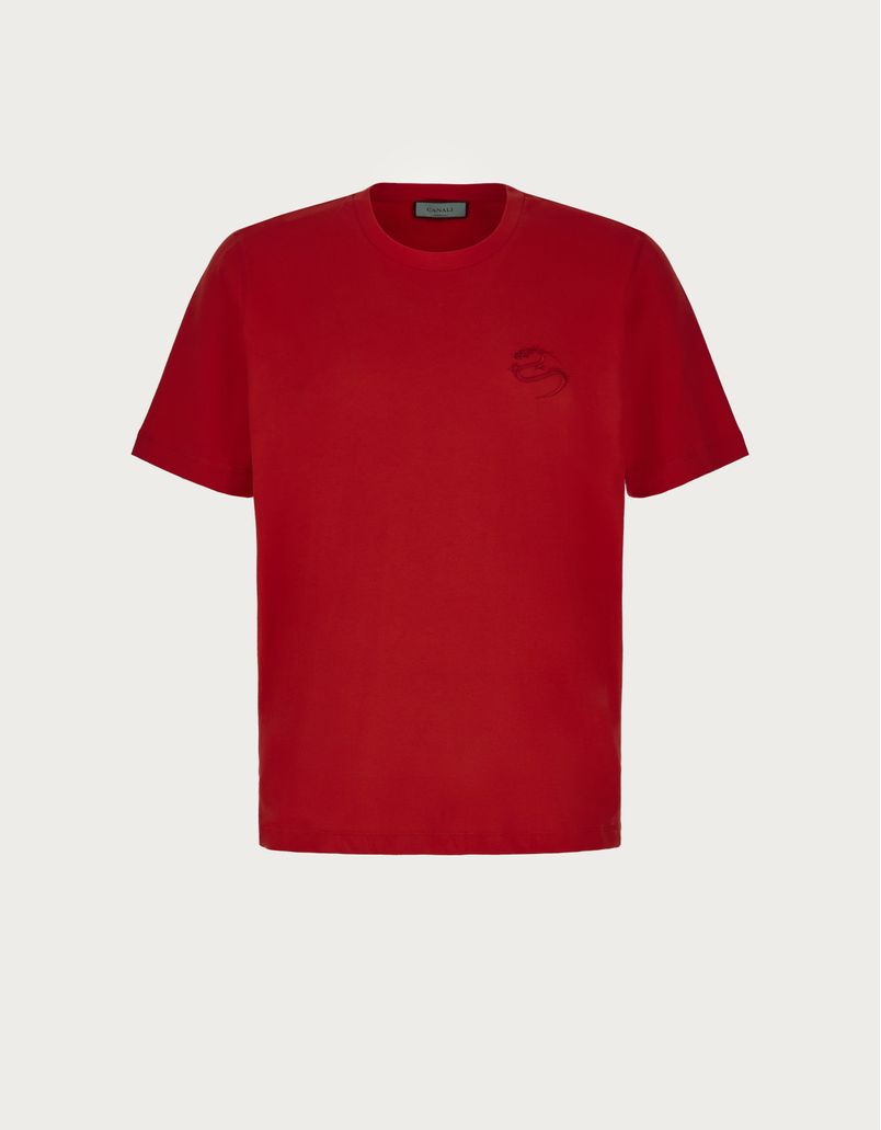 Kurzarm-T-Shirt aus weichem Baumwolljersey mit roter Drachen-Stickerei