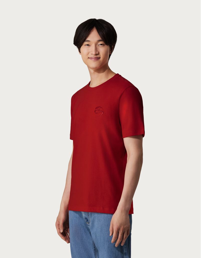 Short-sleeved T-shirt in soft cotton jersey with red-coloured dragon embroidery