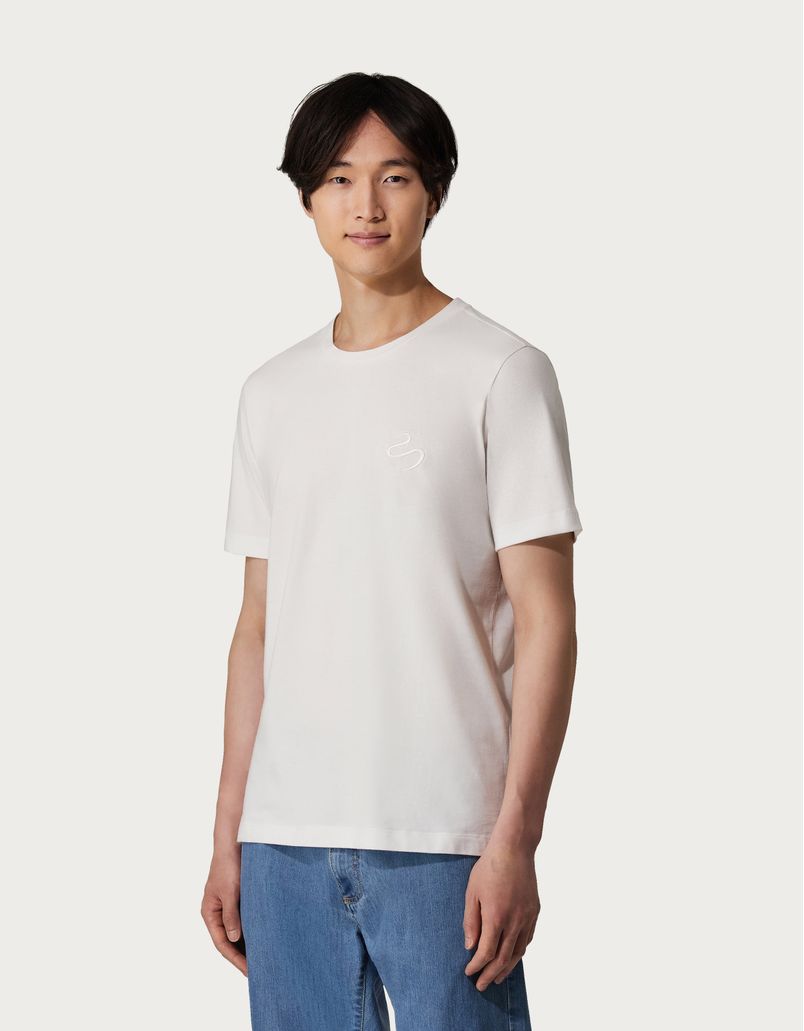 Kurzarm-T-Shirt aus weichem Baumwolljersey mit cremefarbener Drachen-Stickerei