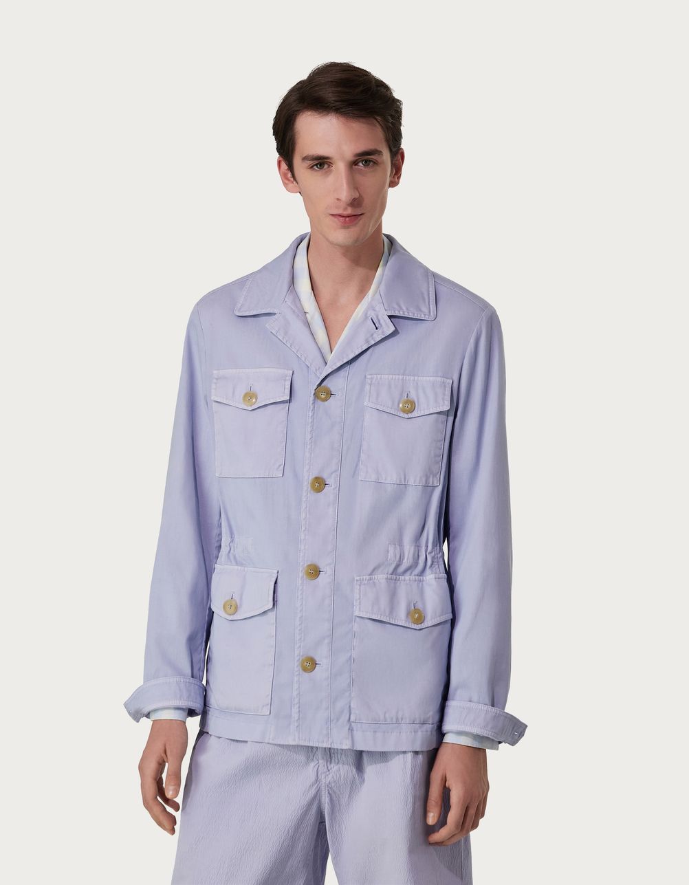 Light blue safari jacket in a garment-dyed stretch cotton blend