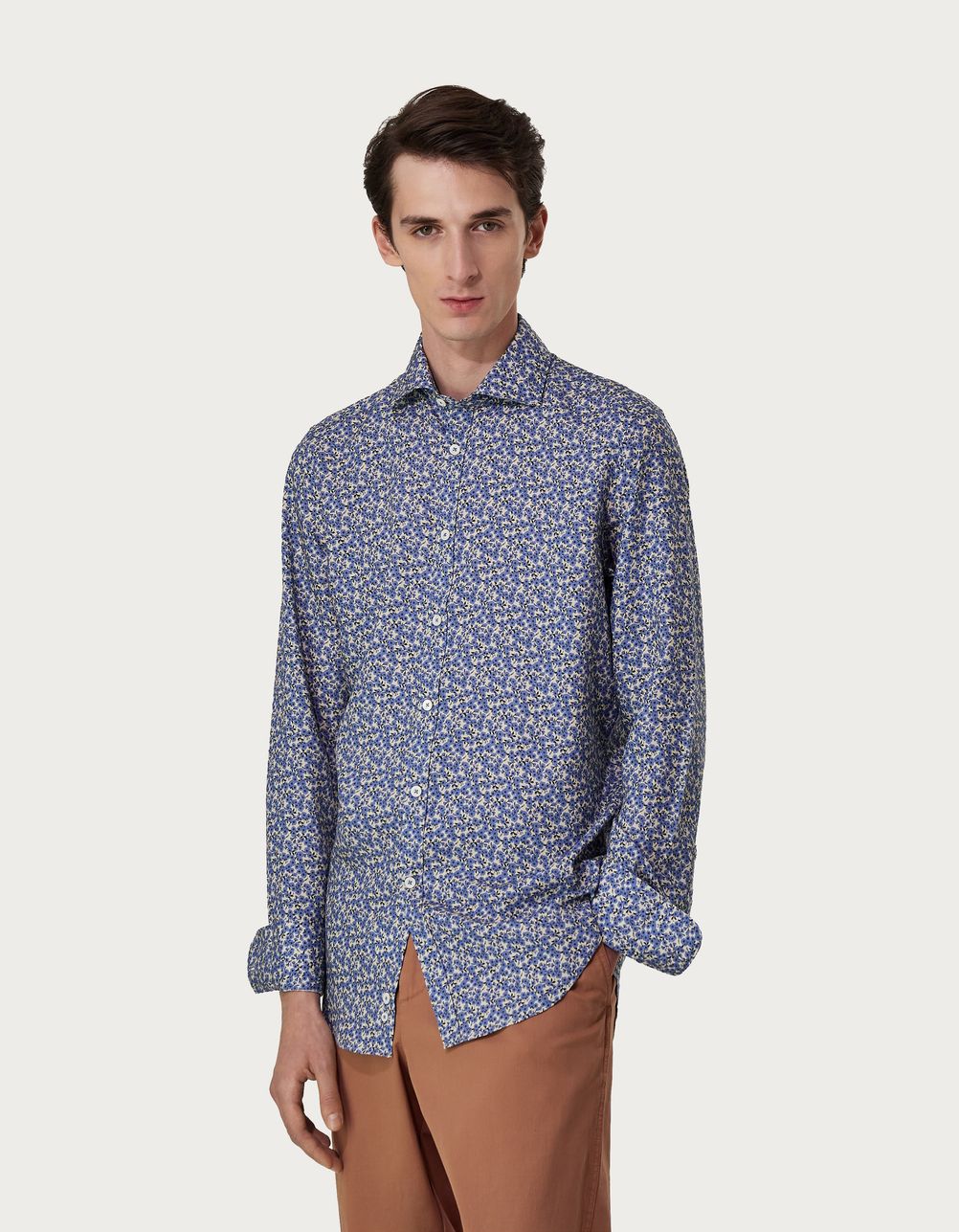 Slim-fit shirt in light blue and beige lyocell