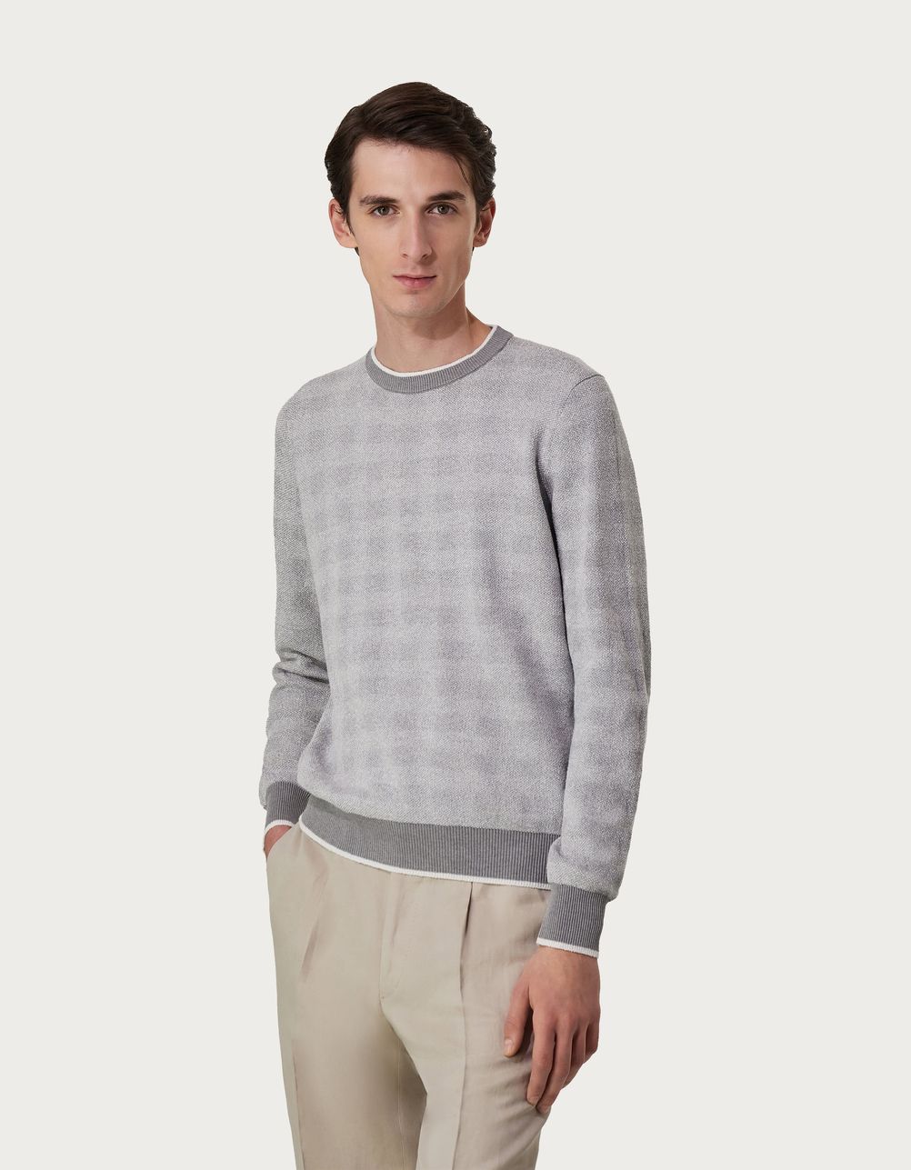 Grey and ivory crew-neck in jacquard cotton