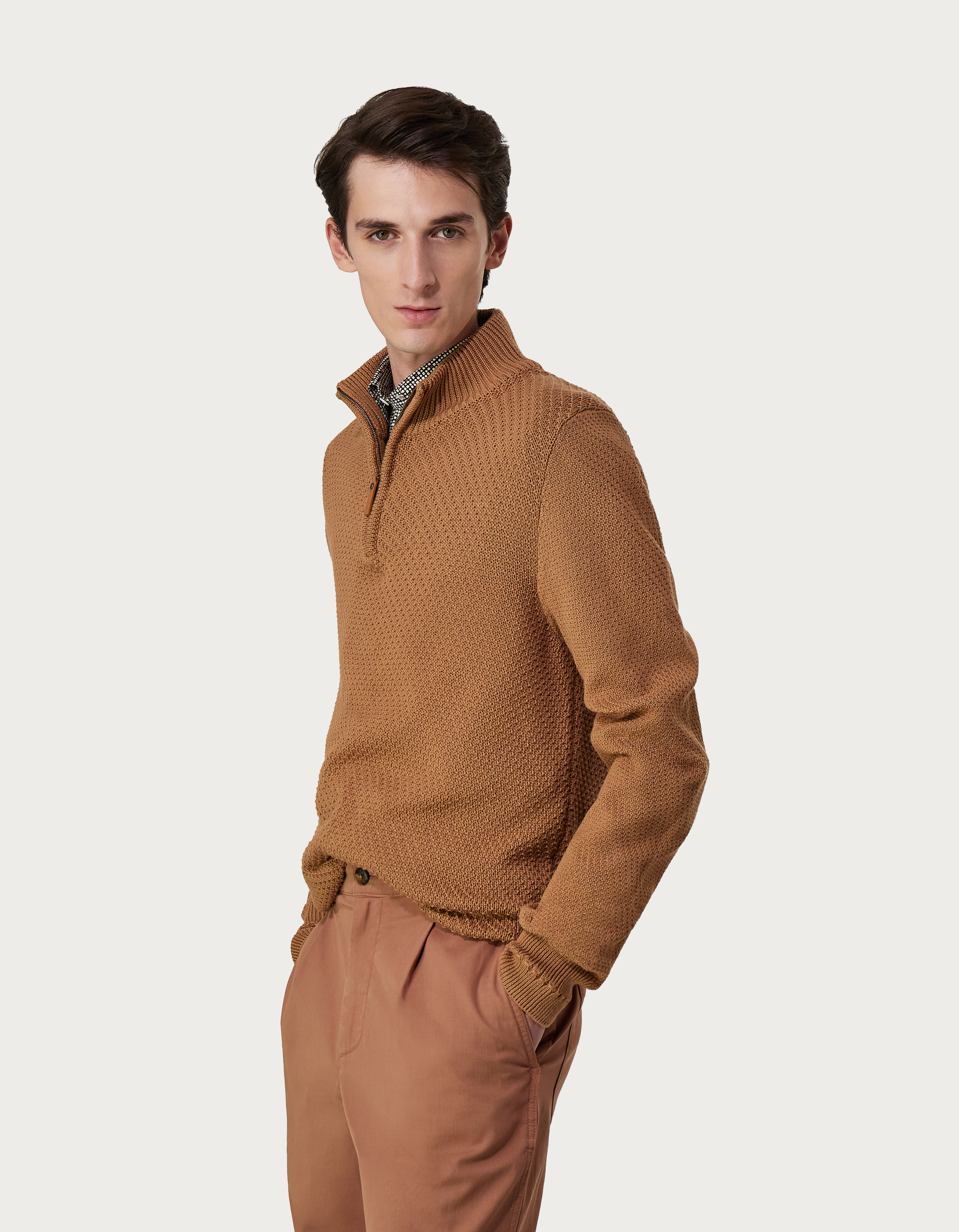 Cinnamon structured mock turtleneck with zip in cotton - Canali INTL