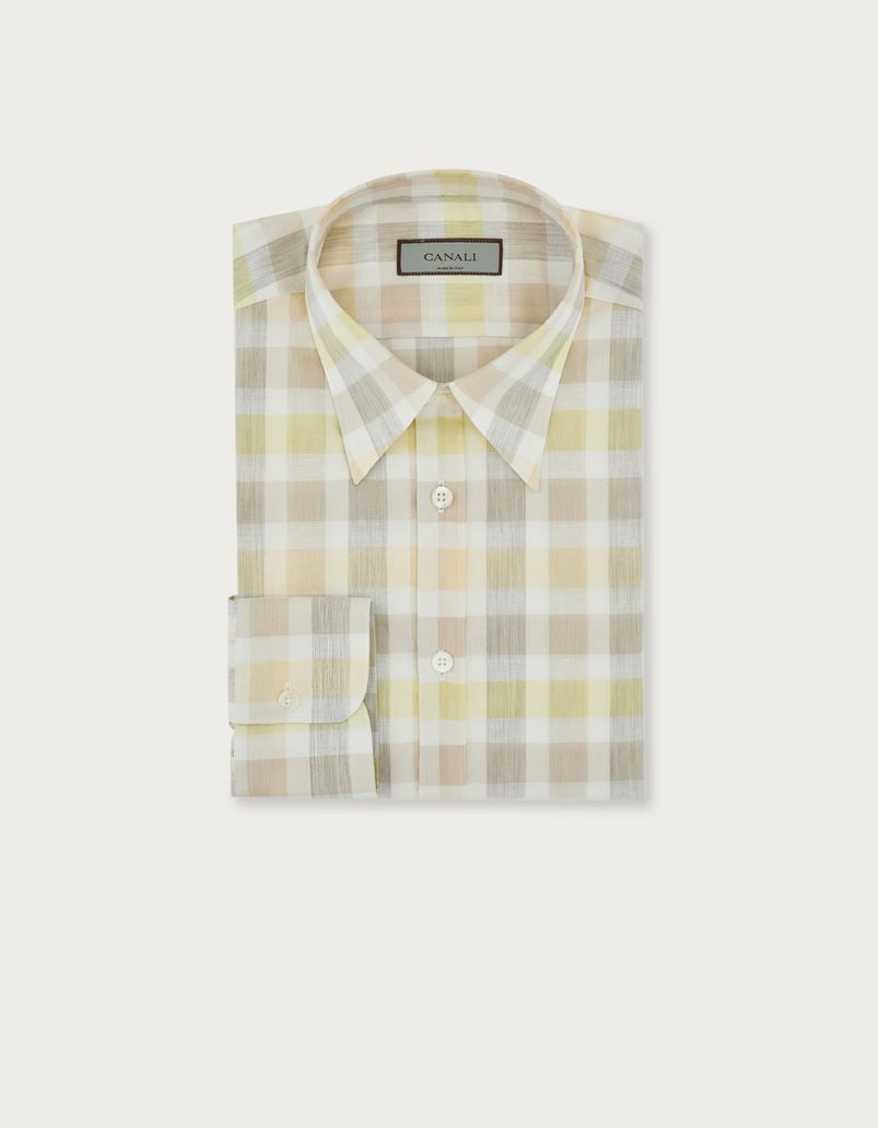 Beige and grey checked slim-fit cotton and linen shirt
