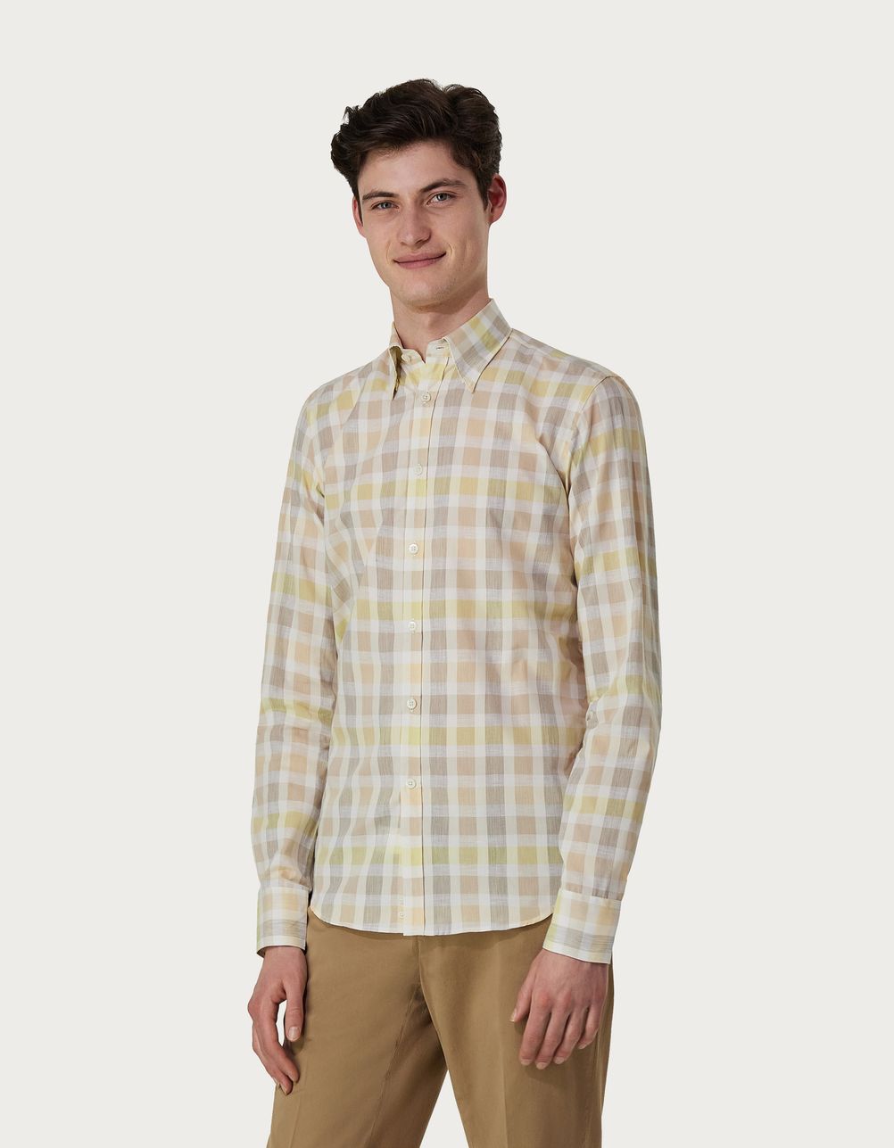 Beige and grey checked slim-fit cotton and linen shirt