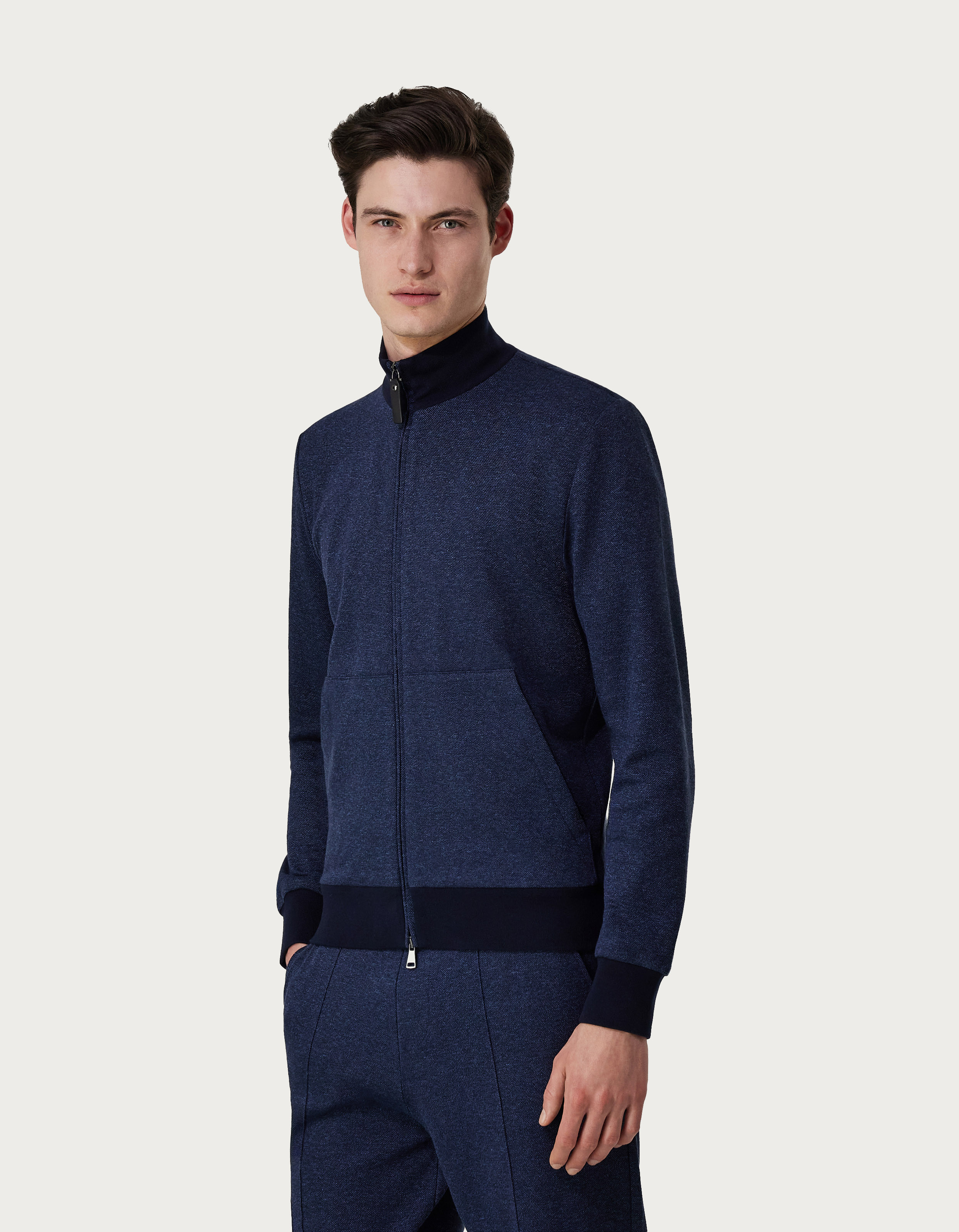 Navy blue sweatshirt with full zip in Double cotton - Canali EU