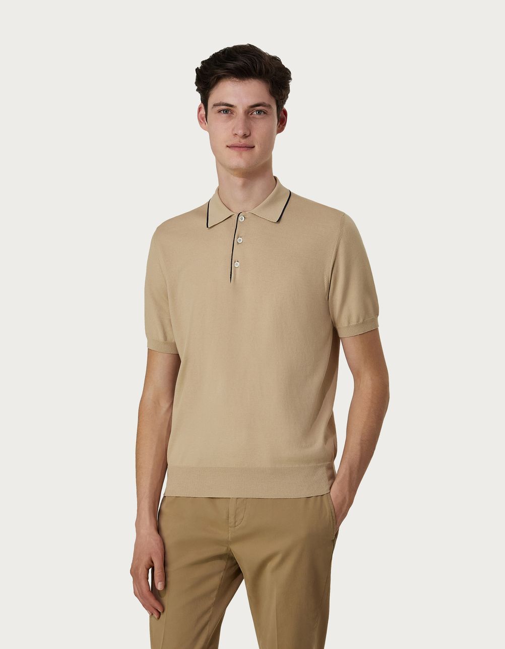 Blue and beige polo shirt in garment-dyed shaved cotton