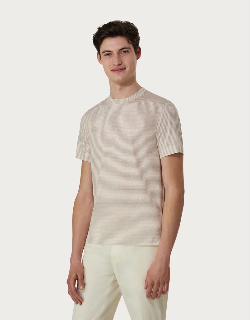 T-shirt sable et blanc en lin et coton