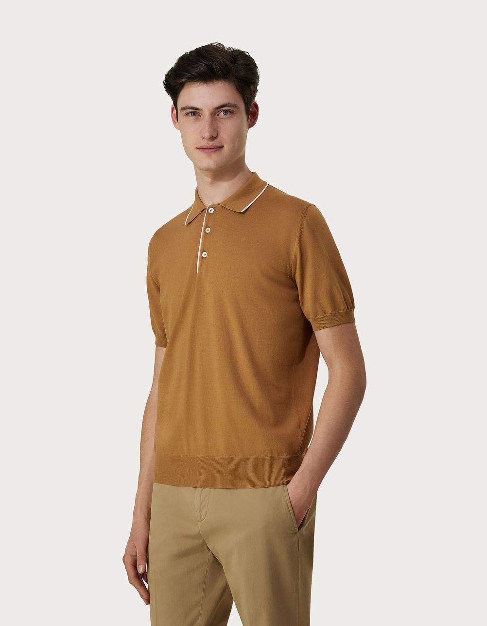 Cinnamon and white garment-dyed polo shirt in shaved cotton