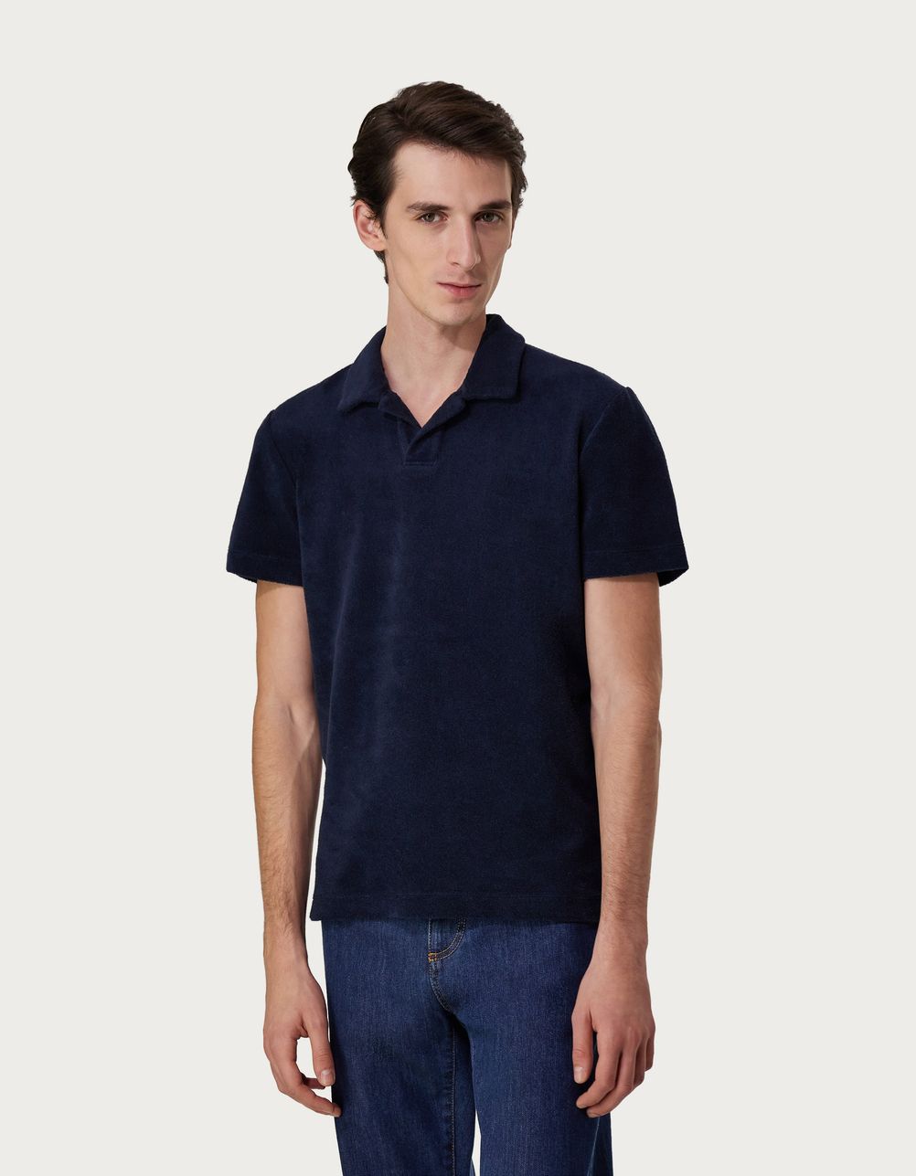 Navy blue polo shirt in garment-dyed cotton terry