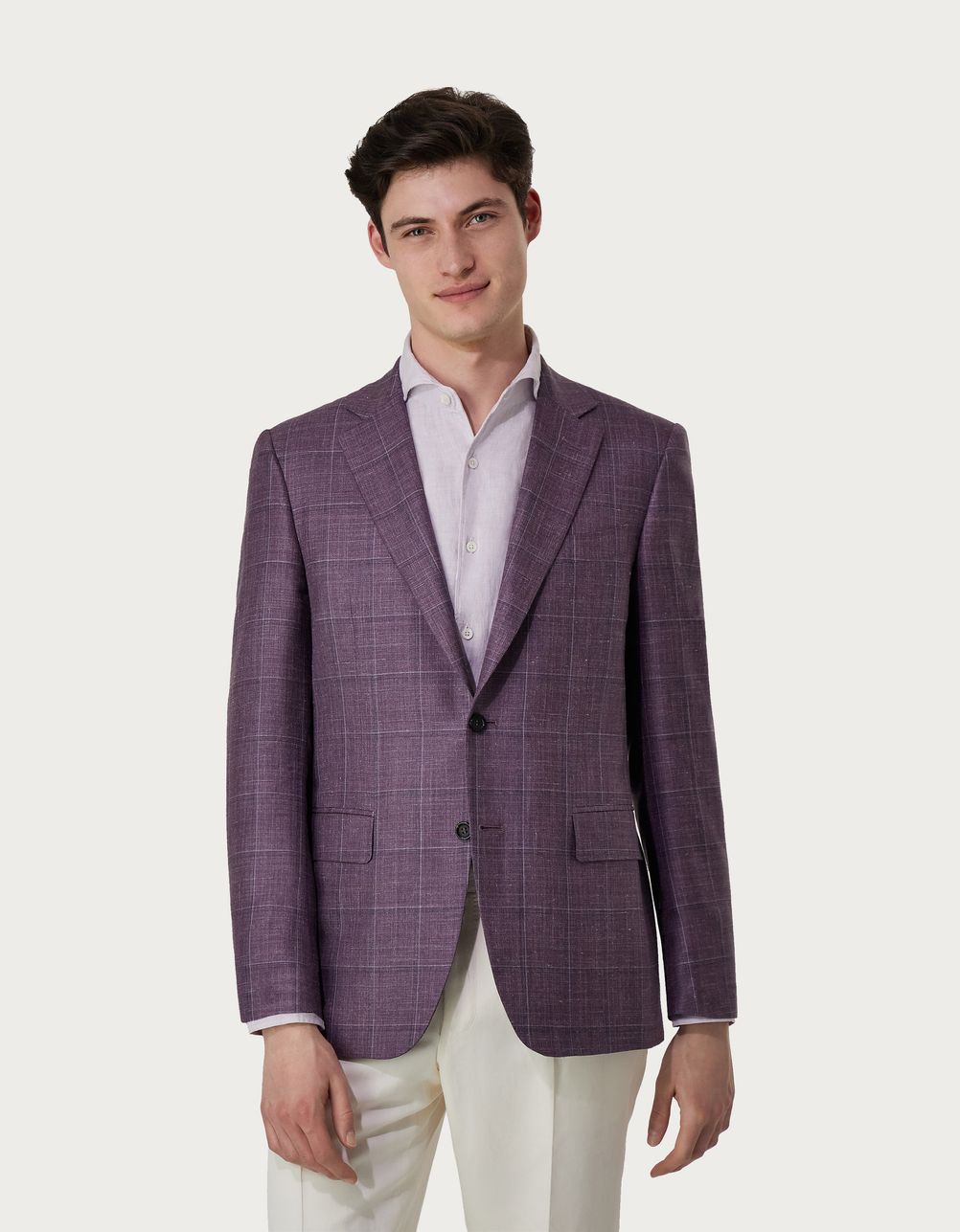 Purple overcheck blazer in wool, silk and linen