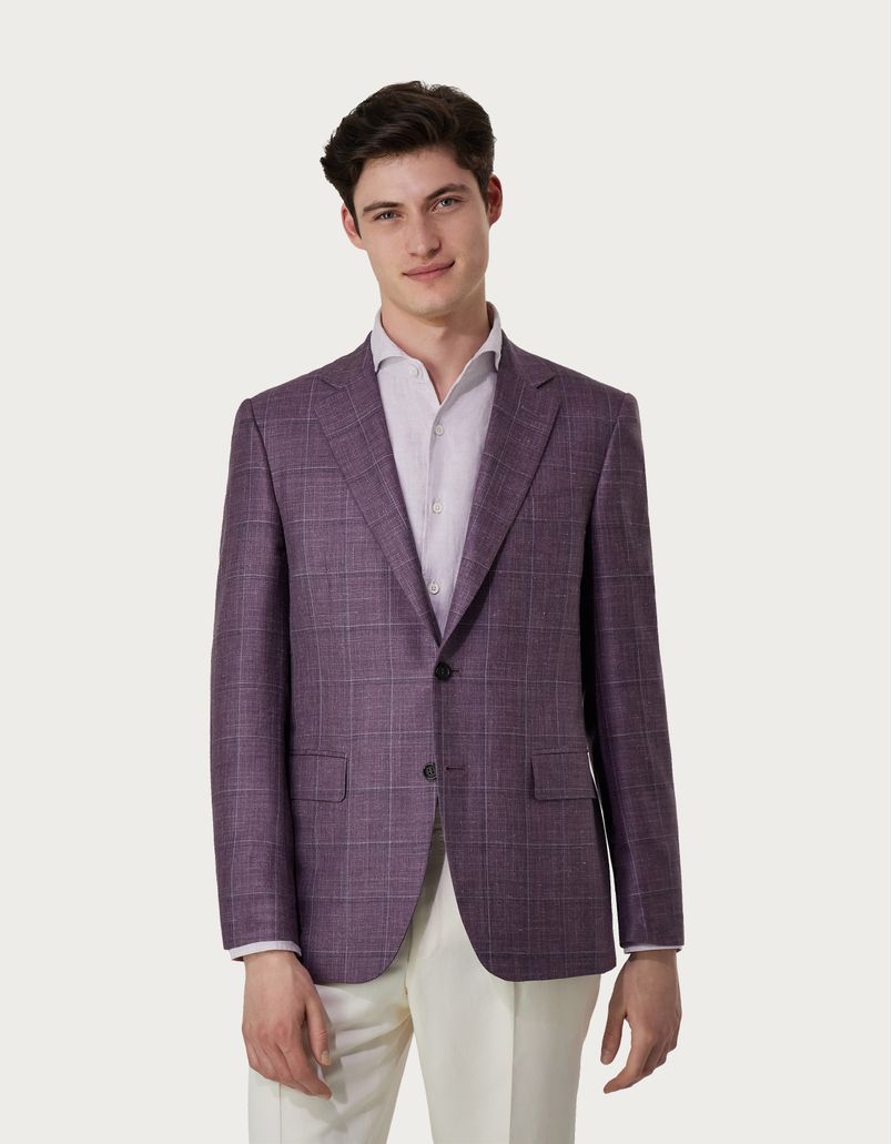 Giacca overcheck in lana seta e lino viola