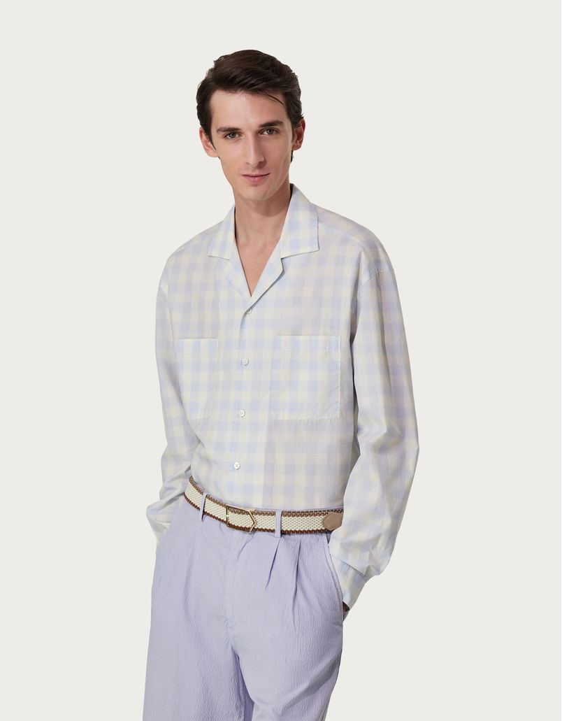 Light blue and white checked cotton shirt with relaxed fit