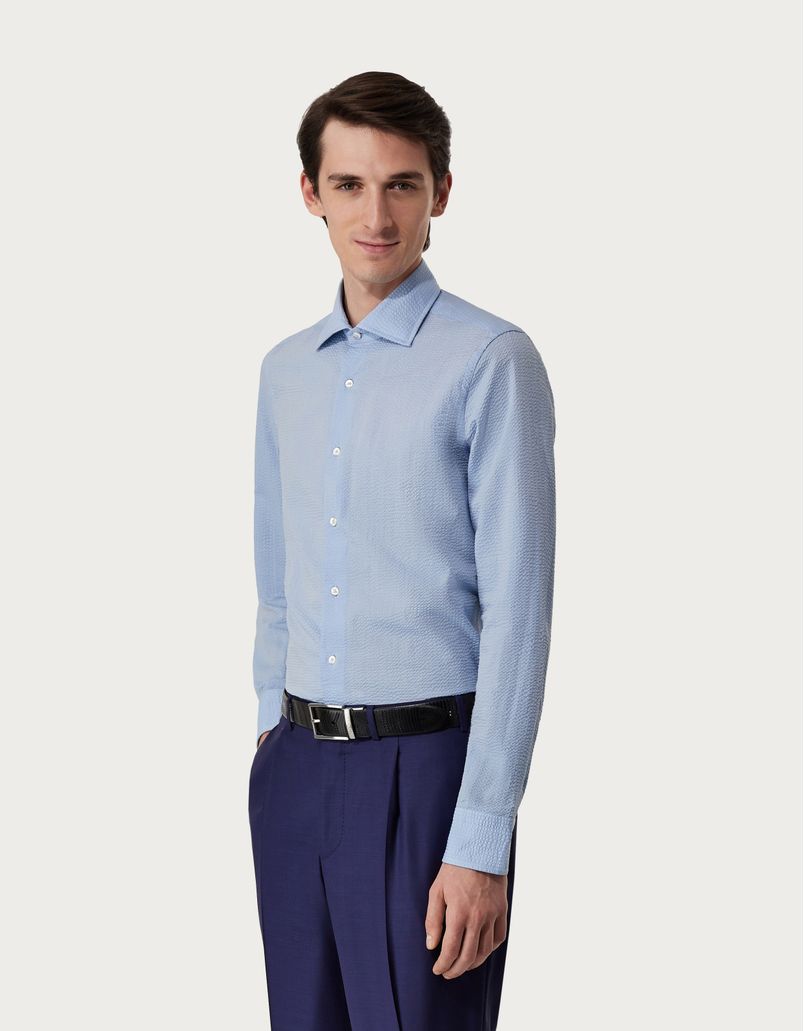 Slim Fit Hemd aus Seersucker Azurblau