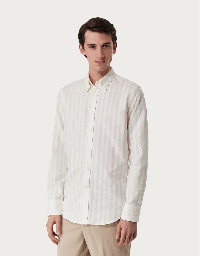 白色和米色条纹棉质修身衬衫