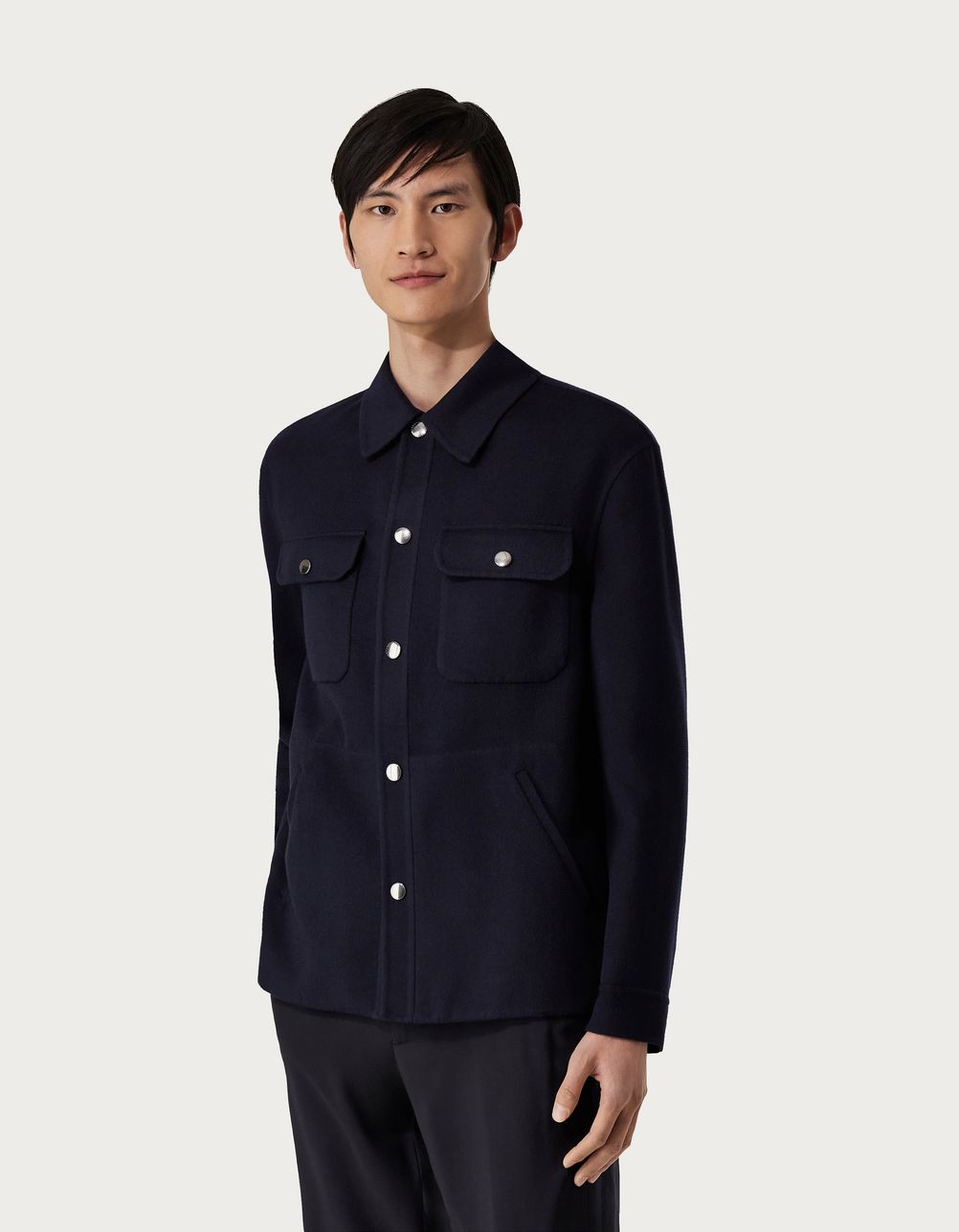 Overshirt reversibile in Double di lana blu e nero