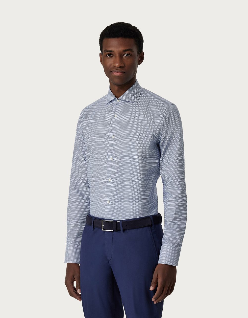 Blue and white macro-textured cotton shirt