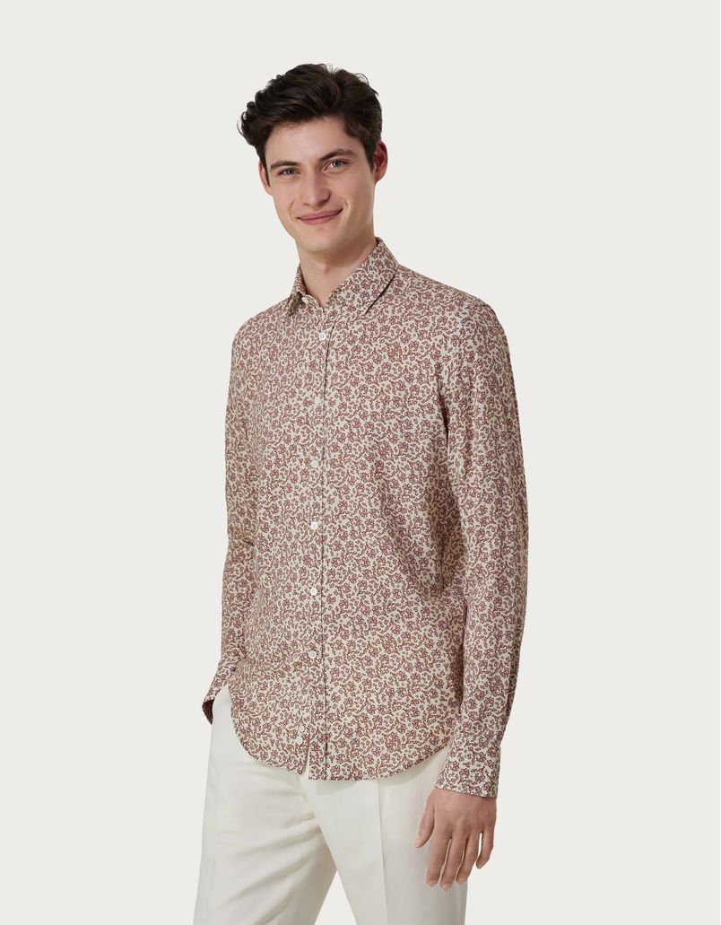 Slim-fit shirt in pink and beige cotton