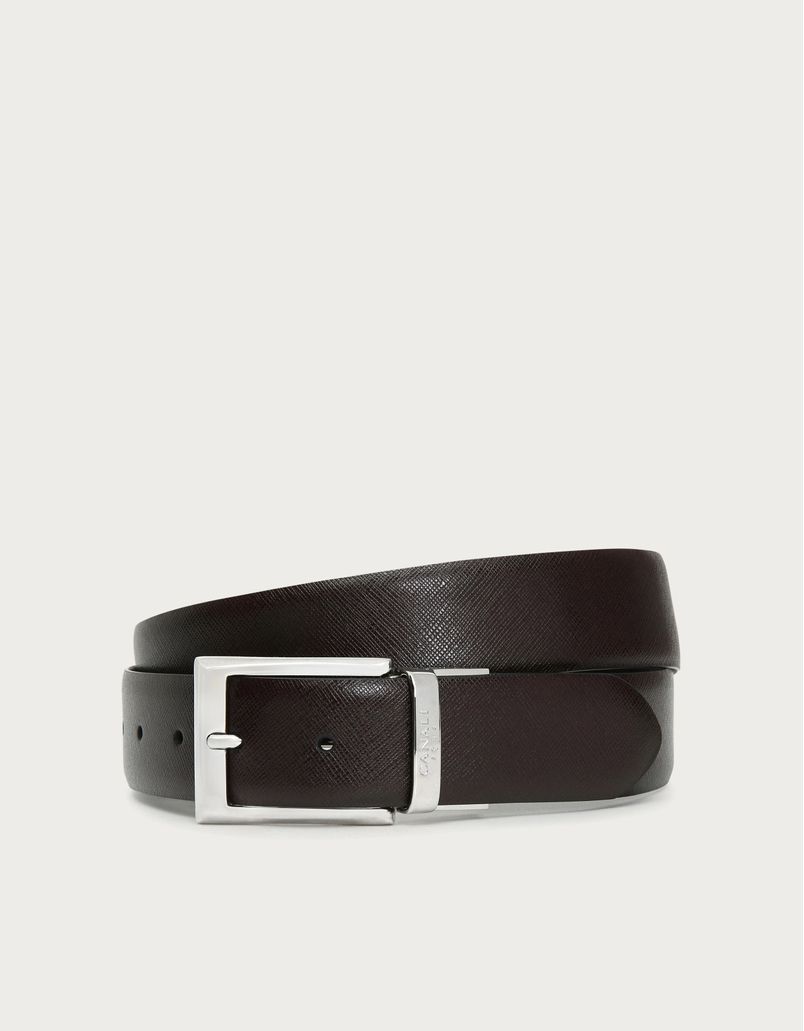 Black and brown reversible printed saffiano and plain calfskin belt