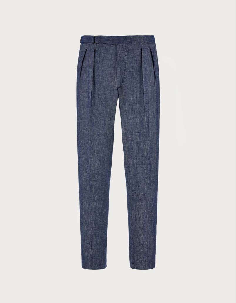 Pantaloni con pince in lino e cotone stretch blu