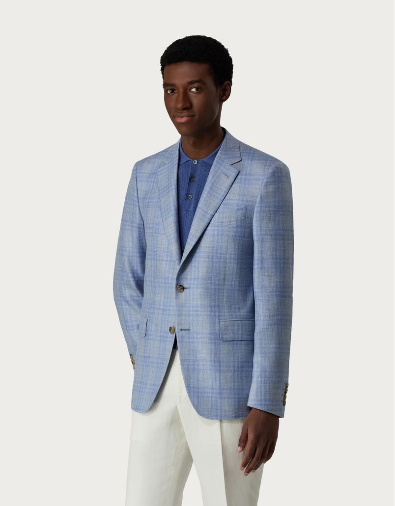 Light blue blazer in Prince of Wales linen, silk and wool
