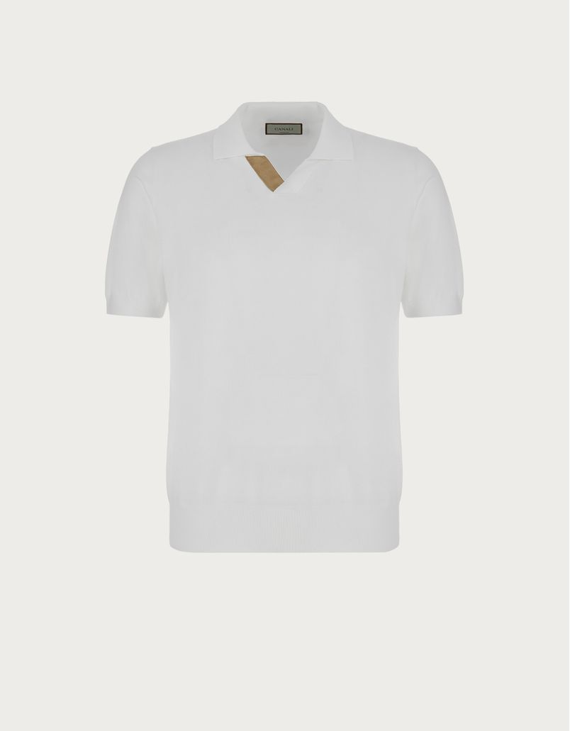 Polo in white and beige cotton with suede detailing