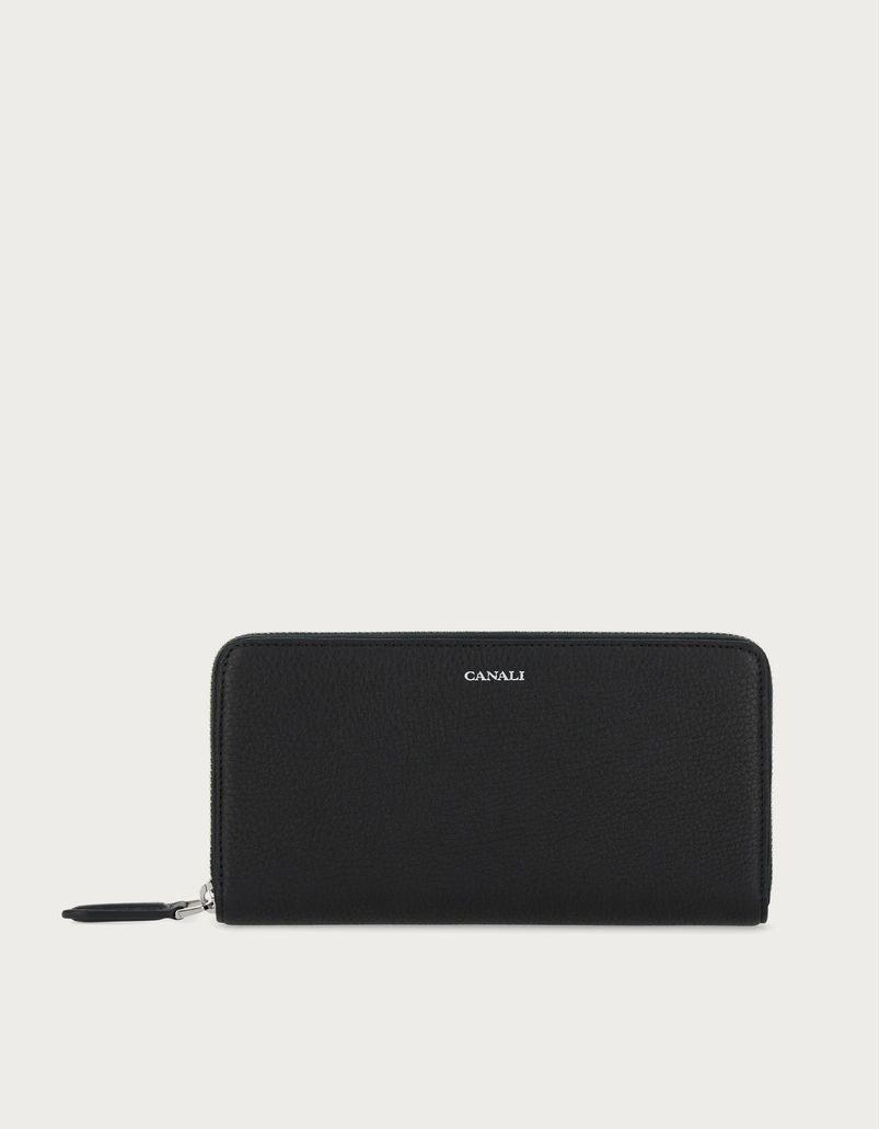 Black tumbled calfskin wallet with zip