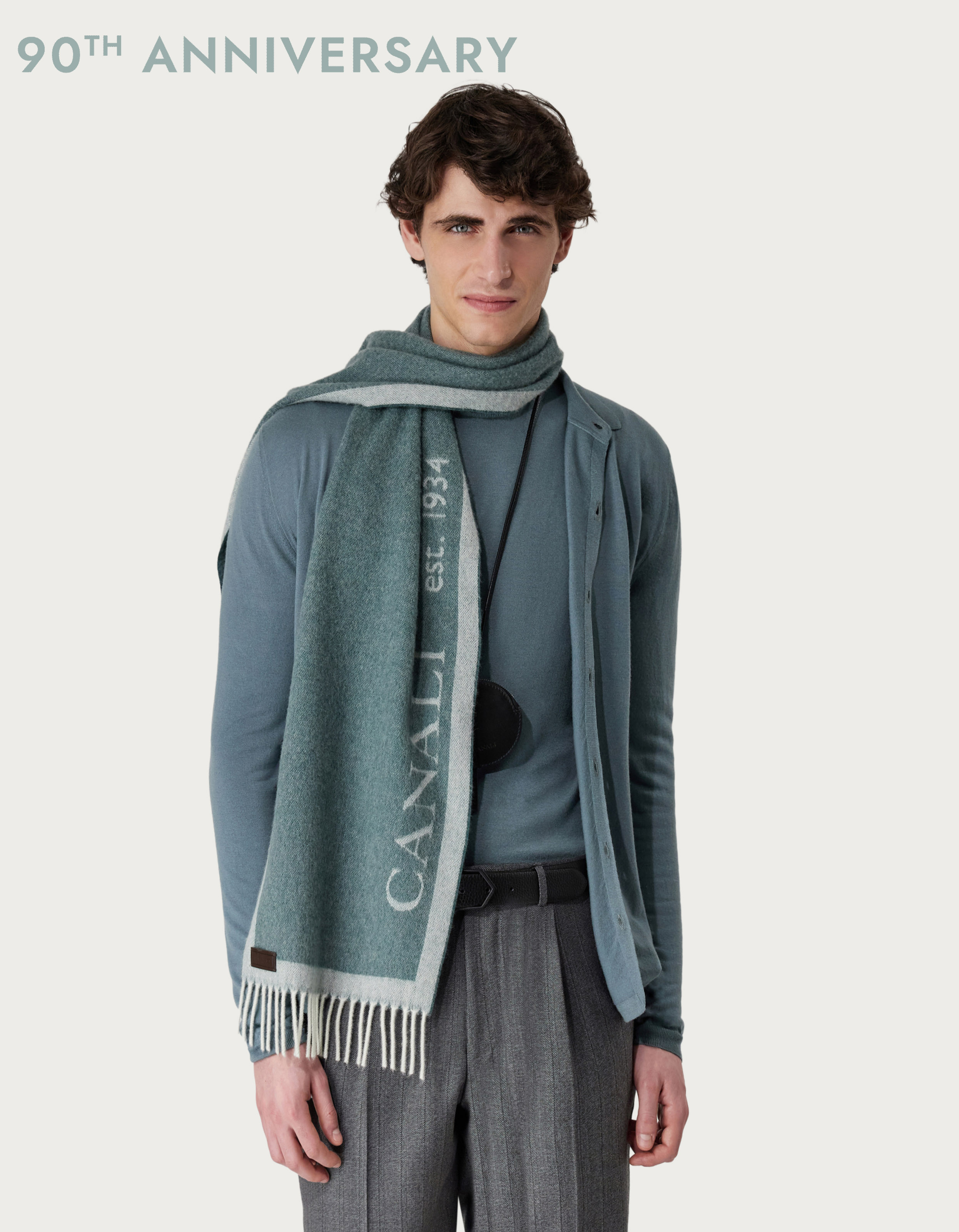 Green men's scarf with leather logo label - Canali INTL