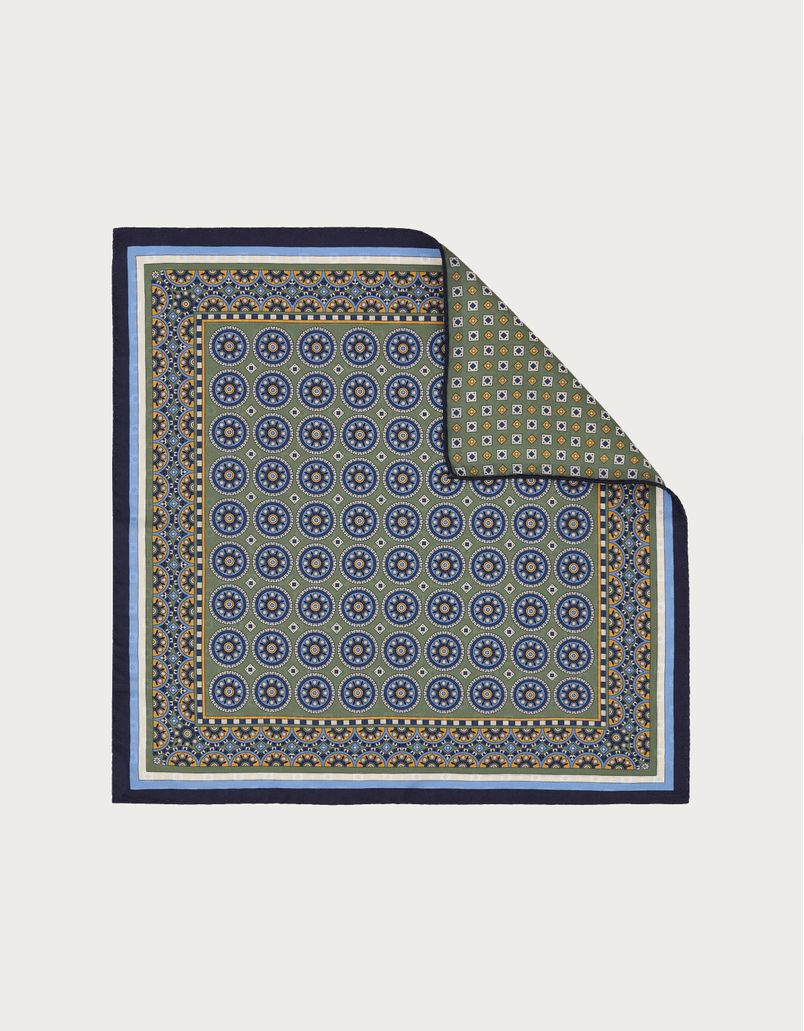 Green ornately patterned silk pocket square
