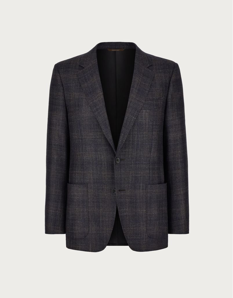 Overcheck blazer in brown and blue cashmere, wool and silk