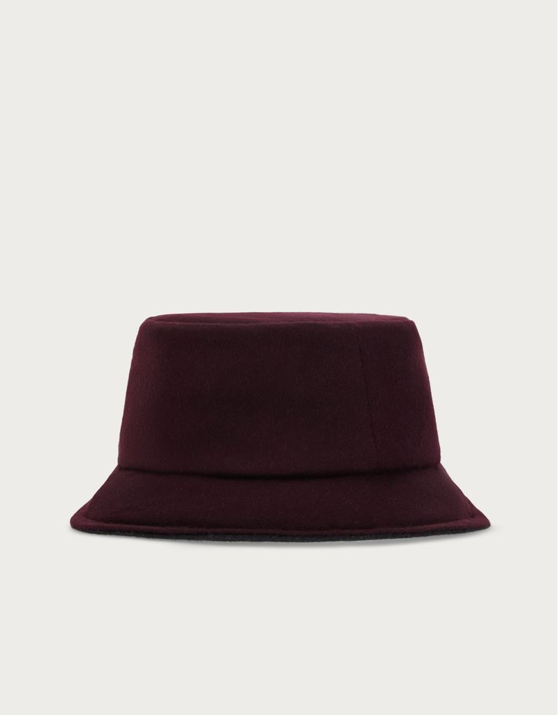 Double effect reversible bucket hat in grey and burgundy wool and cashmere