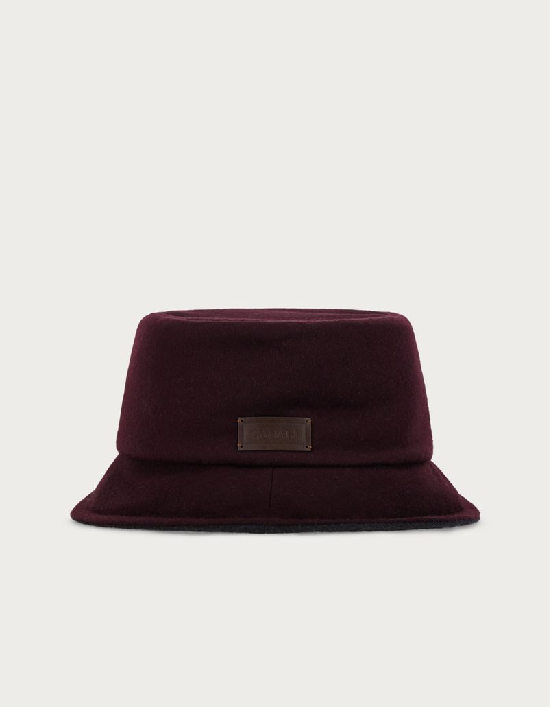 Double effect reversible bucket hat in grey and burgundy wool and cashmere