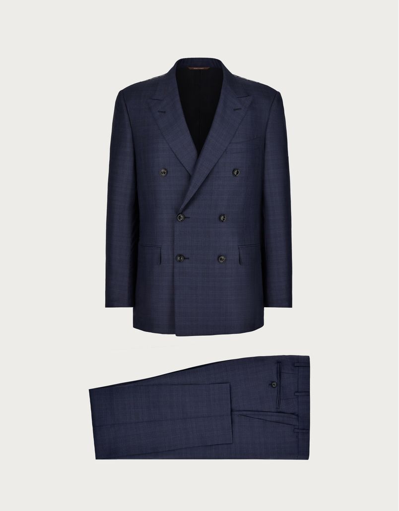 Double-breasted overcheck suit in blue silk and 150's wool