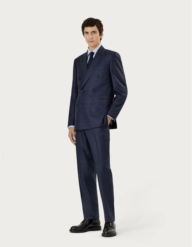 Double-breasted overcheck suit in blue silk and 150's wool