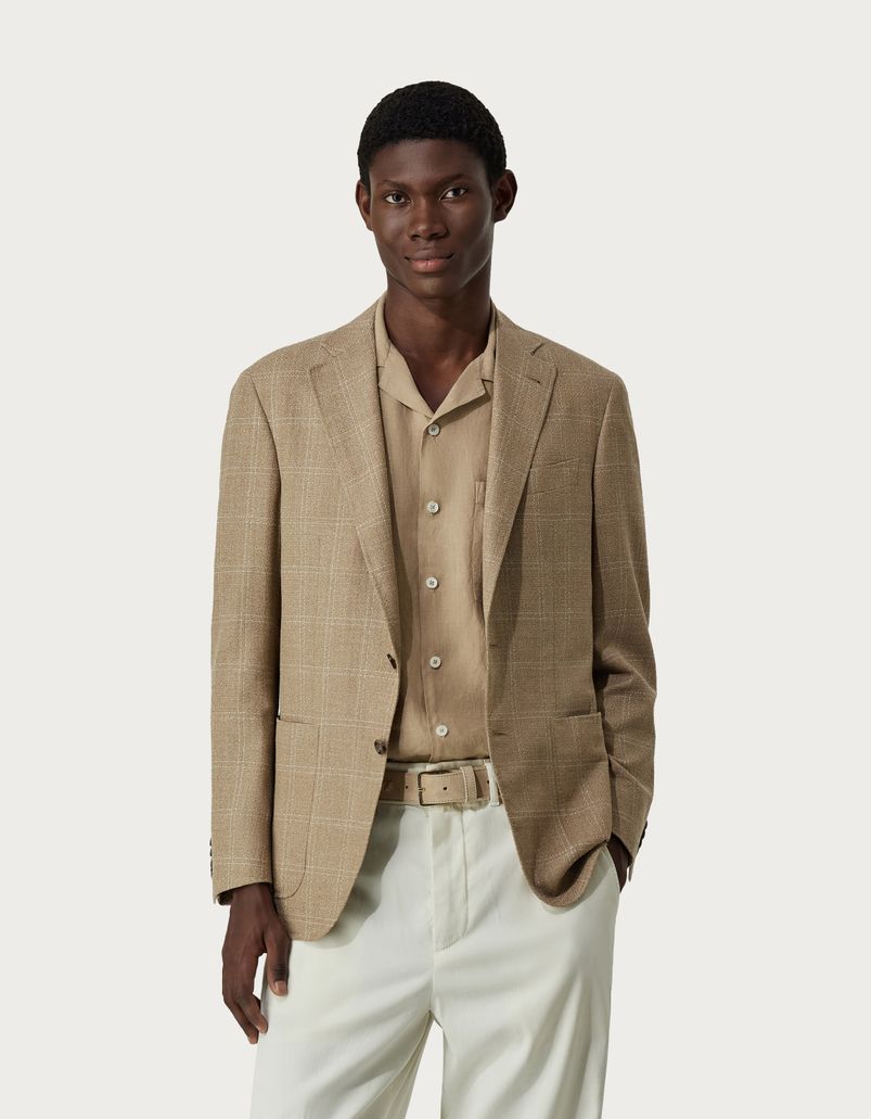 Beige and white overcheck Kei blazer in a blend of wool and cotton