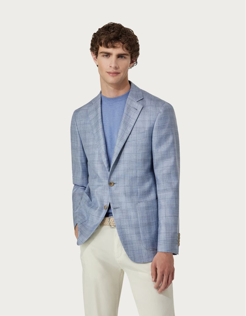 Light blue overcheck Kei blazer in wool, silk and linen