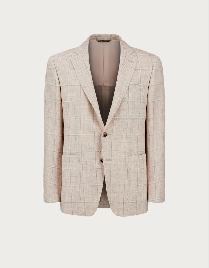 Pink and beige overcheck Kei blazer in linen and wool