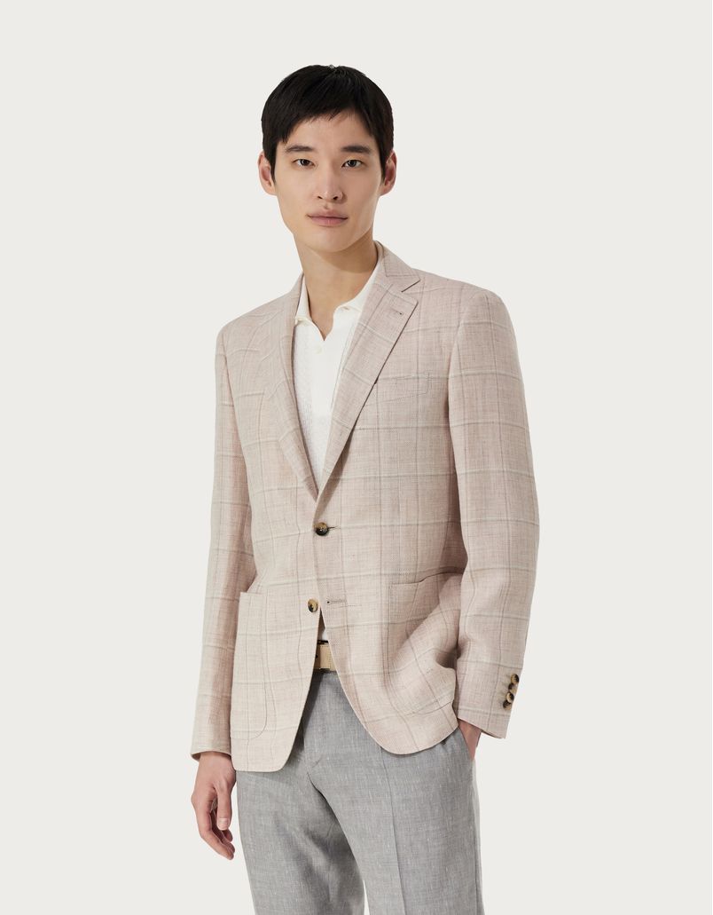 Pink and beige overcheck Kei blazer in linen and wool