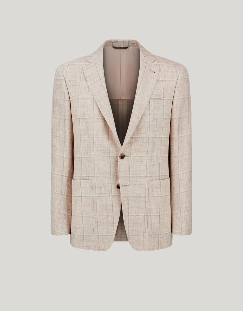 Pink and beige overcheck Kei blazer in linen and wool