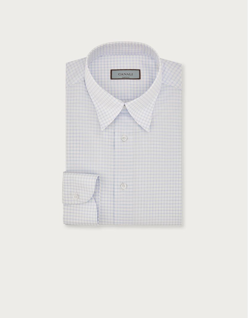 Canali Nuvola白色和浅蓝色格纹棉质修身衬衫