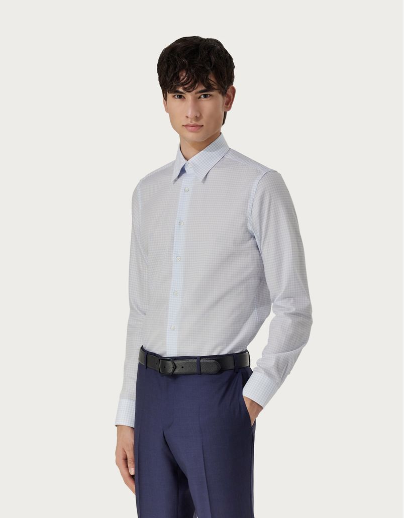 Canali Nuvola白色和浅蓝色格纹棉质修身衬衫