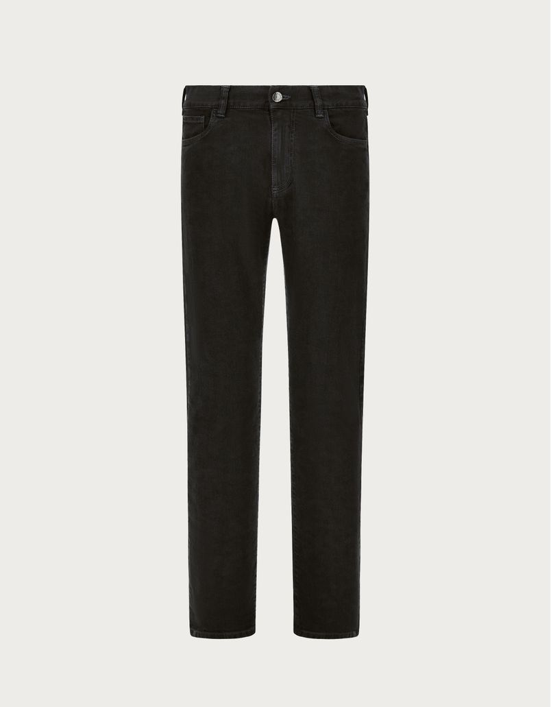Black five-pocket stretch denim pants
