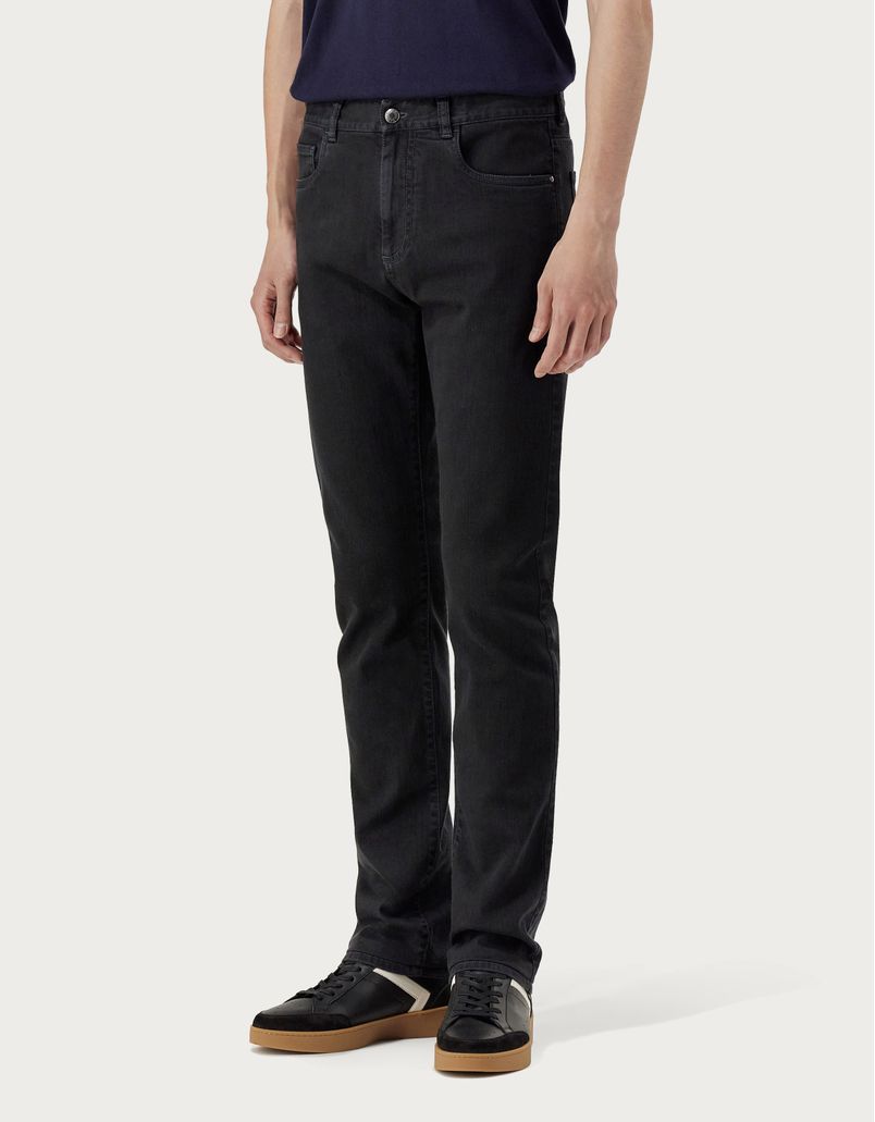 Black five-pocket stretch denim pants